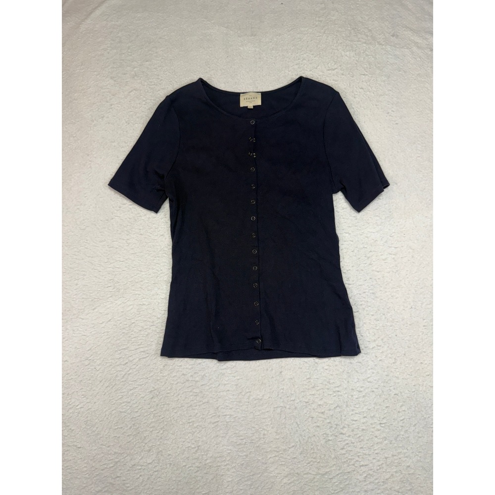 Sezane Paris Navy Blue Ribbed Snap Front Short Sleeve Top XXL